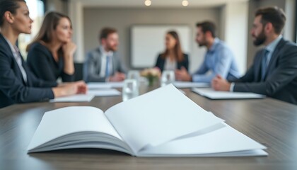 Open Book on Table with Blurred Business Meeting in Background