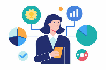 Businesswoman Investing in AI Startup via Mobile App with Futuristic Charts