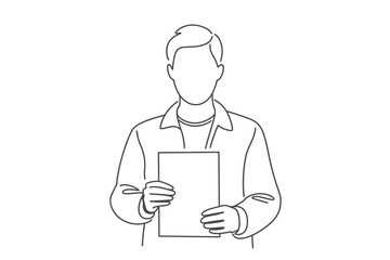 Man Holding Blank Paper Document Line Art Illustration