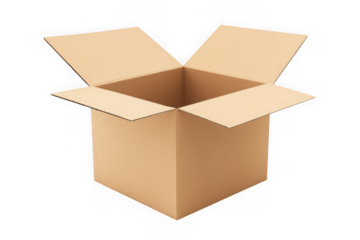 Open cardboard box mockup, empty carton container, packaging and shipping box, brown paper box illustration, isolated on transparent background