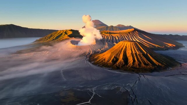 Spectacular Aerial View of Mount Bromo Volcano Landscape at Sunrise, East Java, Indonesia