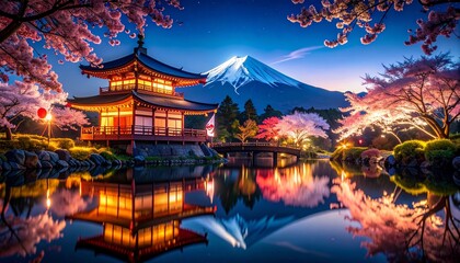 Fototapeta premium Serene Japanese Garden at Dusk with Mount Fuji and Cherry Blossoms