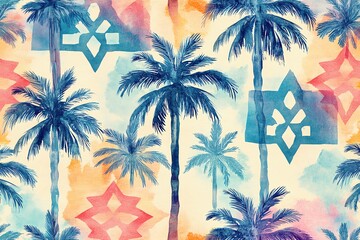 Seamless Multicolored Watercolor Moroccan Pattern with Stylized Palm Trees and Geometric Texture , Creative Repeat Modern Pattern with Ornamental Design