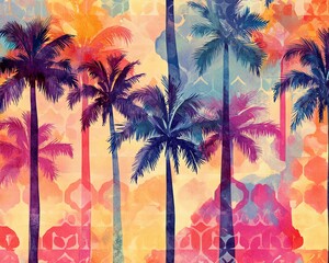 Seamless Multicolored Watercolor Moroccan Pattern with Stylized Palm Trees and Geometric Texture , Creative Repeat Modern Pattern with Ornamental Design