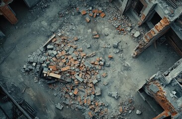 High-angle view of a demolished building site, rubble and debris scattered across the ground