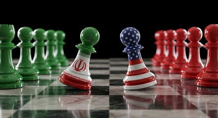 Top-down chessboard battle with Iran and America flag-themed pieces and back pawn red green