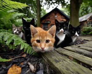 Kittens clustered outdoors