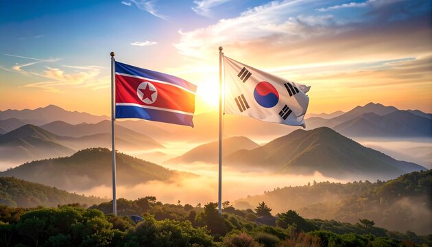 North and South Korea Flags at Sunrise Over Majestic Mountains A Symbol of Hope for Peaceful Reunification
