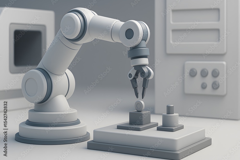 Poster robotic arm with precision gripper in minimalist industrial setting