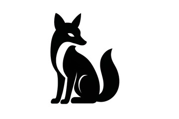 A stylized black fox sitting with its tail curled on a white background in a minimalist design
