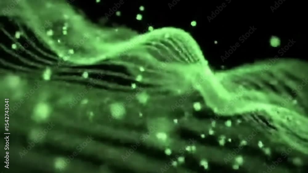 Poster abstract green waveform motion background with glowing particles and seamless loops