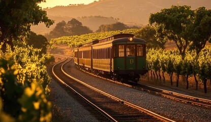 Vintage train glides through golden vineyards at sunset