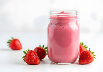 Pink strawberry smoothie in a mason jar glass with scattered berries isolated