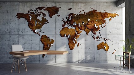 Modern office interior with a world map on a concrete wall and a wooden desk.