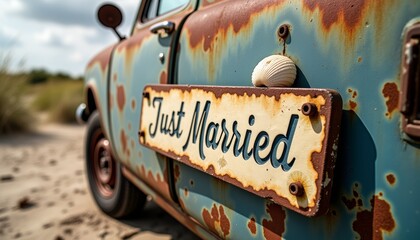 Close-up of a Handwritten 'Just Married' sign on a vintage car
