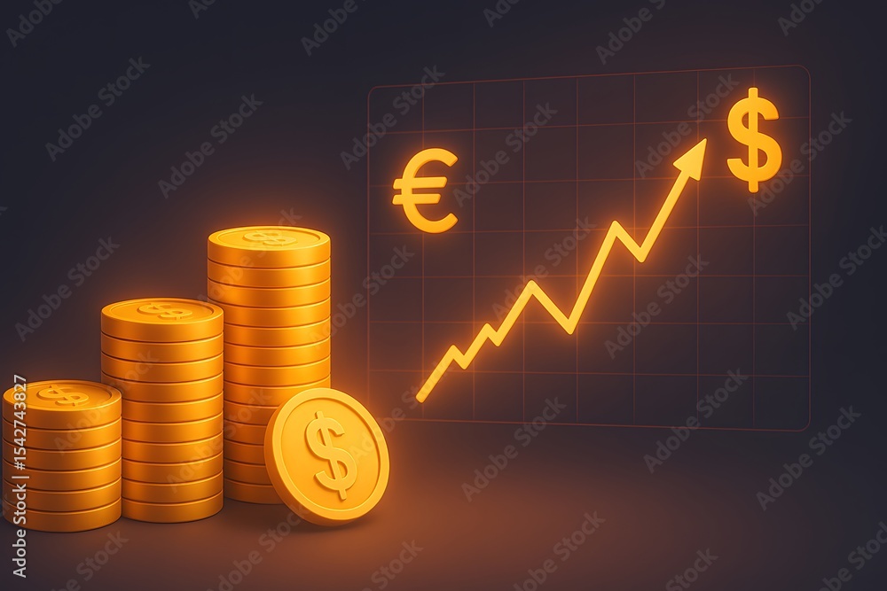 Poster Conceptual Image of Currency Growth with Coins and Graph Display