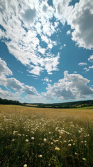 Fototapeta premium Serene Summer Landscape Golden Field Under a Vast Blue Sky with Fluffy Clouds