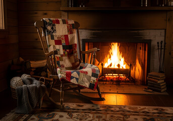 Rocking chair with a patchwork quilt is illuminated by a warm fireplace in a rustic cottage
