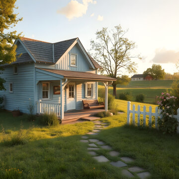 Casa de campo azul rodeada de praderas verdes