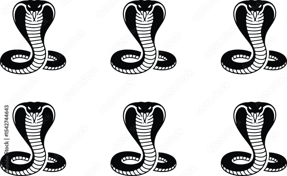 Poster black and white cobra snake silhouettes arranged in a seamless pattern for design elements