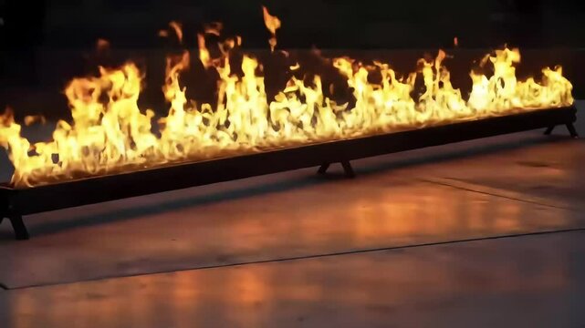 Rectangular fire pit with vibrant flames reflecting on a smooth surface