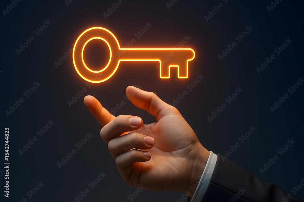 Poster glowing key symbol held by hand for security and access concepts