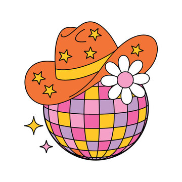 Pink Disco ball Cowgirl hat illustration, trendy groovy vibes disco era.