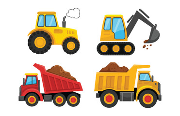 Tractor, Excavator, Dump Truck Cartoon Vector Collection

