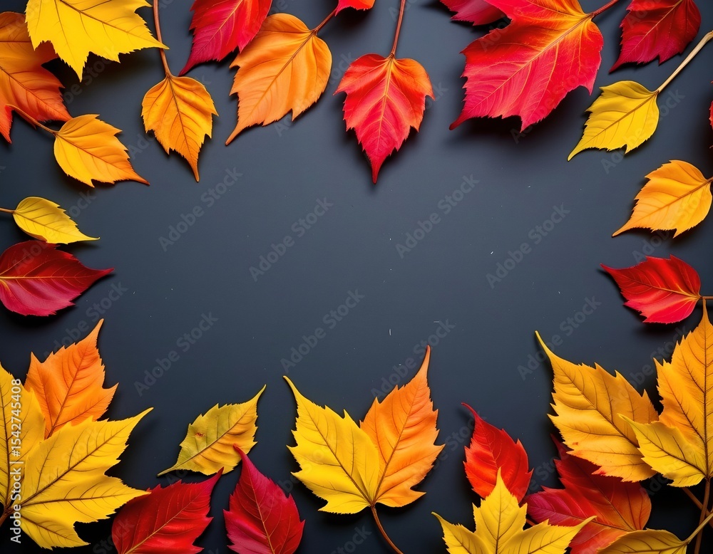 Poster flat lay of a vibrant autumn leaf collection on a dark background, position the leaves at the top of