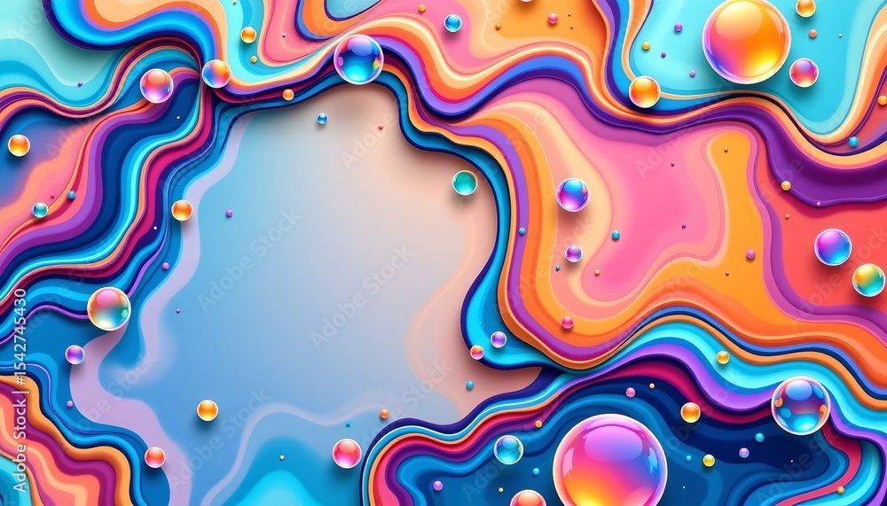 Poster abstract digital artwork of fluid patterns and colorful bubbles, positioned at the top with clear co
