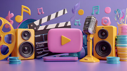 Vibrant 3D illustration showcasing a media and entertainment theme with a play button, microphone, speakers, film clapperboards, and music symbols.   