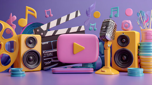 Vibrant 3D illustration showcasing a media and entertainment theme with a play button, microphone, speakers, film clapperboards, and music symbols.   