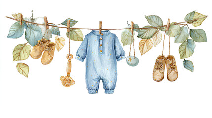 Watercolor baby illustration with clothing and accessories hanging on a clothesline. Onesie, shoes, rattle, pacifier and leaves. Drawing of childish garland for baby shower or newborn invitations. 