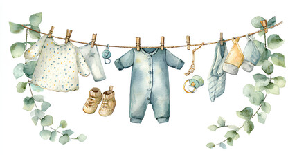 Watercolor baby illustration with clothing and accessories hanging on a clothesline. Onesie, shoes, rattle, pacifier and leaves. Drawing of childish garland for baby shower or newborn invitations. 