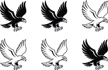 Naklejka premium Vector illustrations of soaring eagle emblems in black and white color variations on a white background