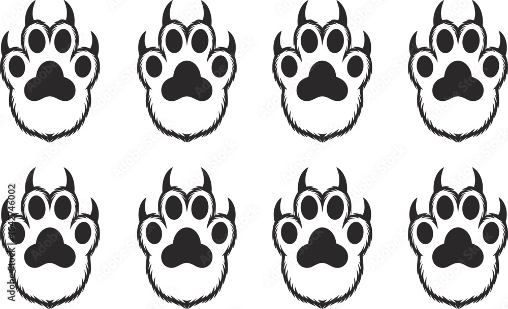 Poster repeating pattern of black bear paw prints on white background for design elements