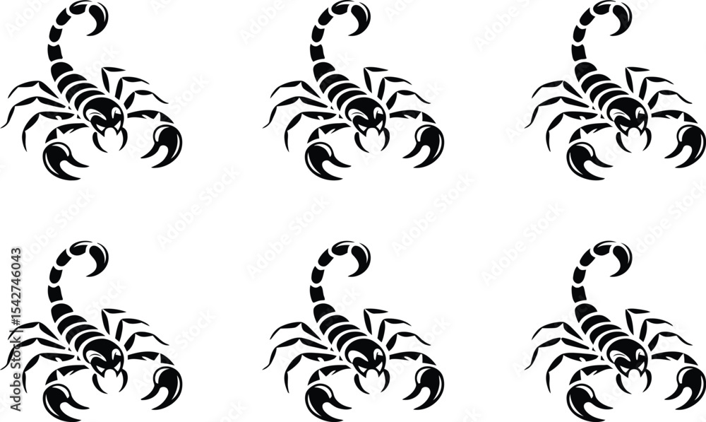 Poster black and white scorpion illustration arranged in a simple repeating pattern on white background