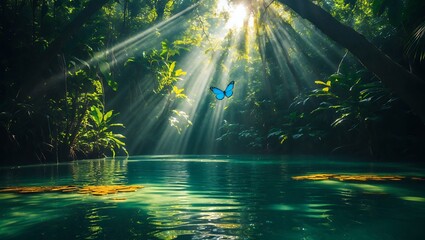 Butterfly Flying over Tranquil Lake in Forest with Sun Rays Shining
