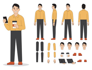 people icons set. Flat male character creator kit with multiple poses, facial expressions and business props  front side back view.