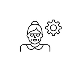 Elderly woman and cogwheel. Accessibility settings, senior user preferences, simplified configuration, personalized system setup, age-friendly interface . Pixel perfect, editable stroke vector icon