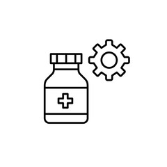 Medication bottle and cogwheel. Medical system settings, healthcare management, diagnostic tool configuration, clinical workflow control, patient monitoring setup. Pixel perfect, editable stroke vecto