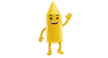 Cheerful Yellow Crayon Character Waving, 3D Rendering Illustration