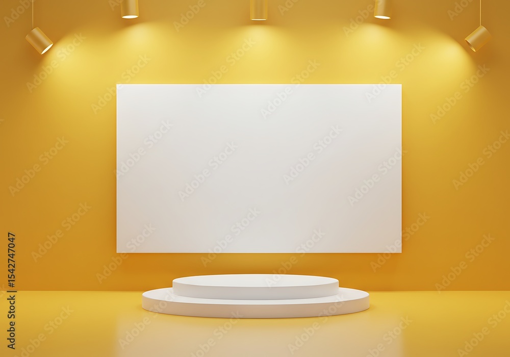 Poster minimalist showcase with stage and blank frame illuminated by spotlights studio