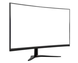 Curved computer monitor with a blank white screen mockup.