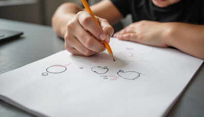 Child drawing with pencil on paper while learning to sketch shapes  