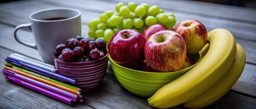 Fruits, coffee, and colored pencils on a wooden surface - Powered by Adobe