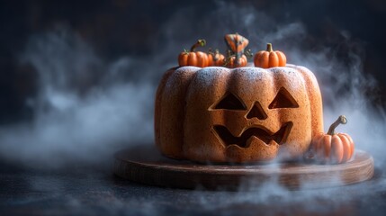Halloween lantern cake. A carved pumpkin cake with a jack-o'-lantern face sits on a wooden board surrounded by mist, featuring small pumpkin decorations on top.
