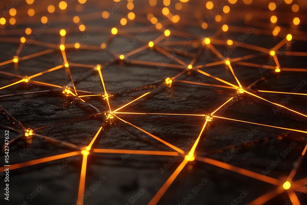 Aufkleber abstract glowing network connection background with orange lights and dark surface