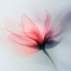 Fototapeta premium A pink flower, captured in motion blur against an empty white wall, evokes the feeling of gentle wind and freedom, with a focus on softness and minimalism. The blurred petals add.