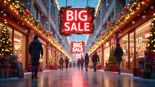 Festive shopping street: A lively shopping street adorned with holiday decorations, beckoning shoppers with the allure of a big sale, creating a vibrant scene.